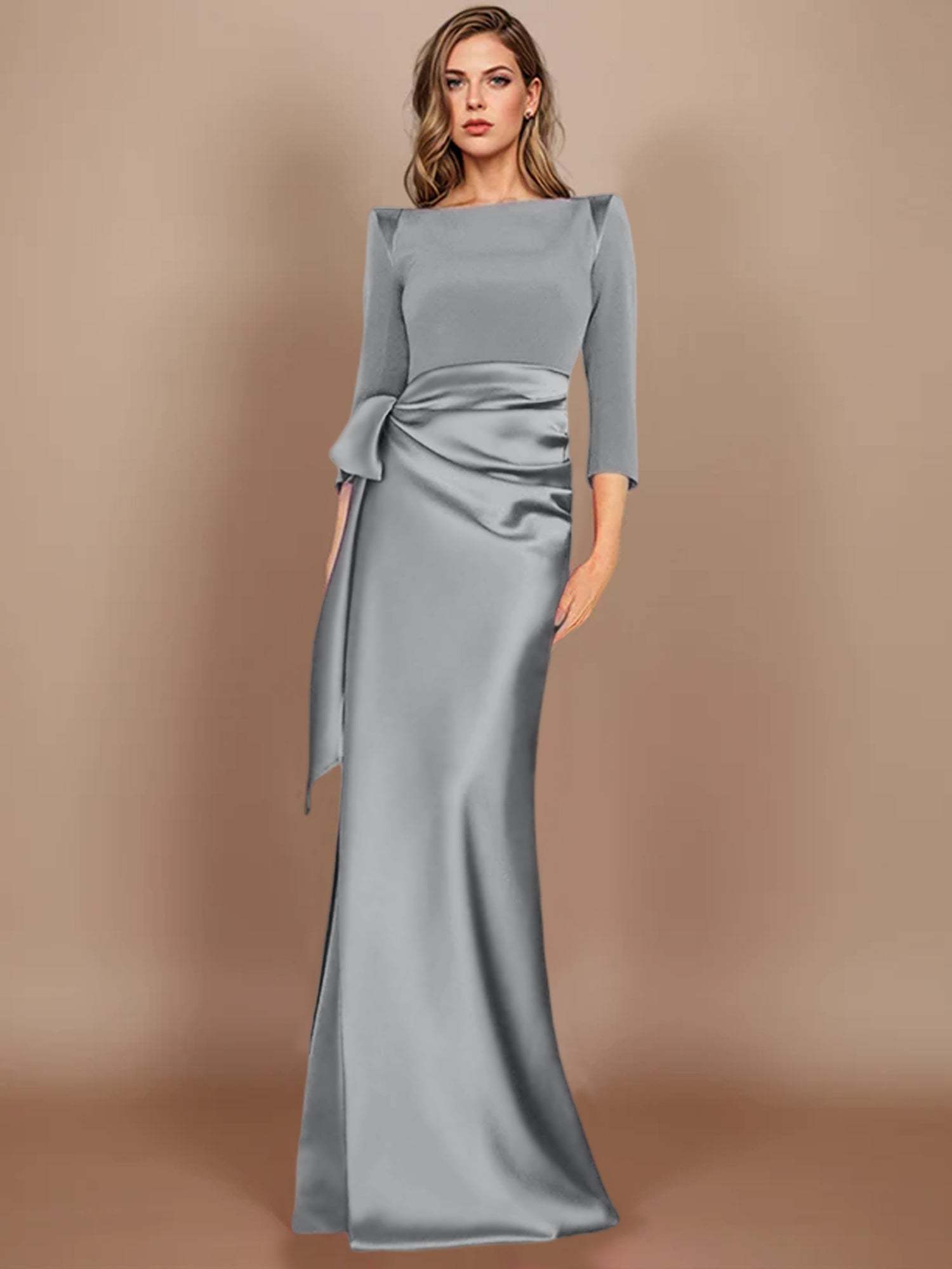 Floor-Length Mother of the Bride Dress with Bow and 3/4 Sleeves