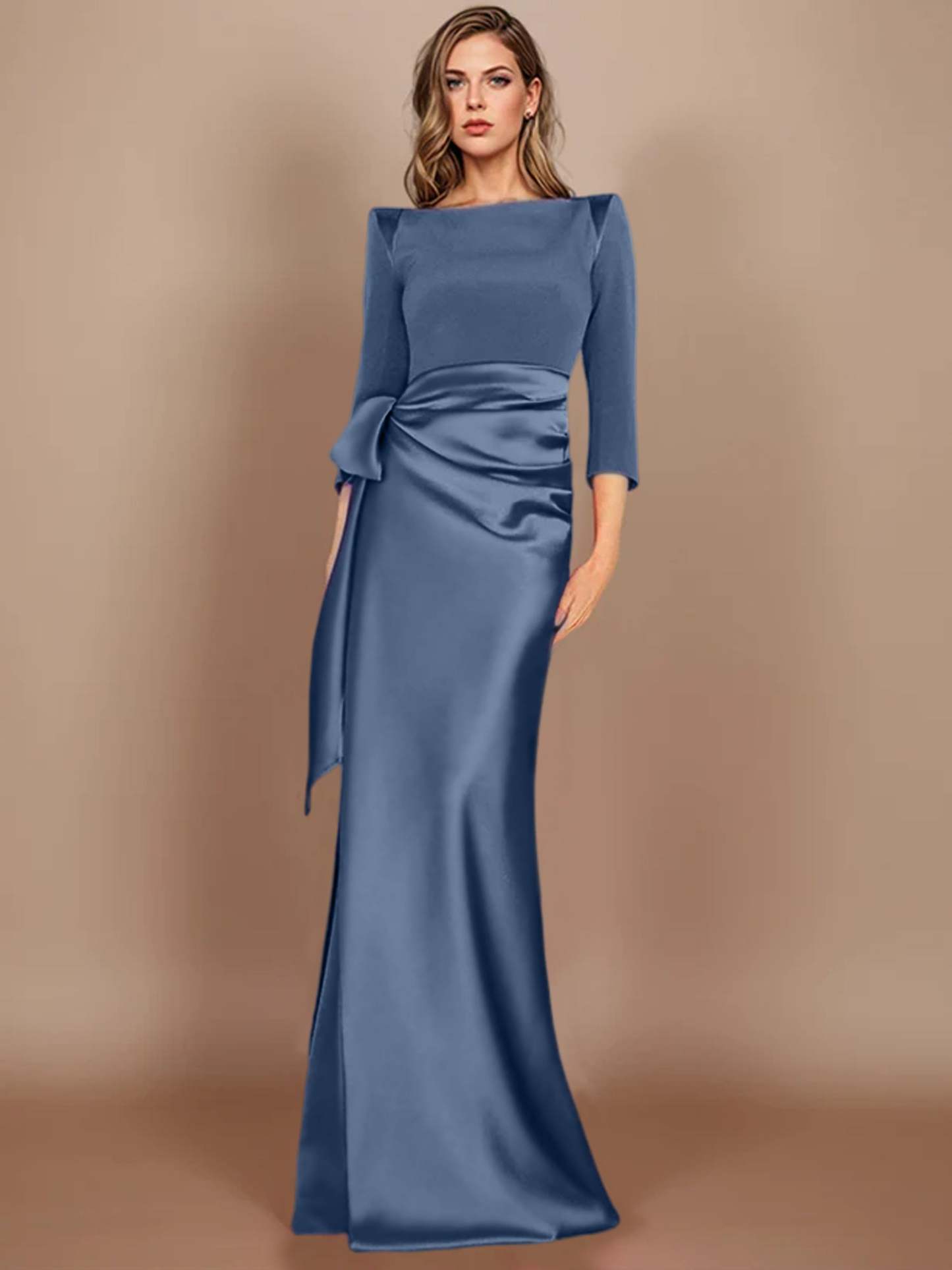 Floor-Length Mother of the Bride Dress with Bow and 3/4 Sleeves