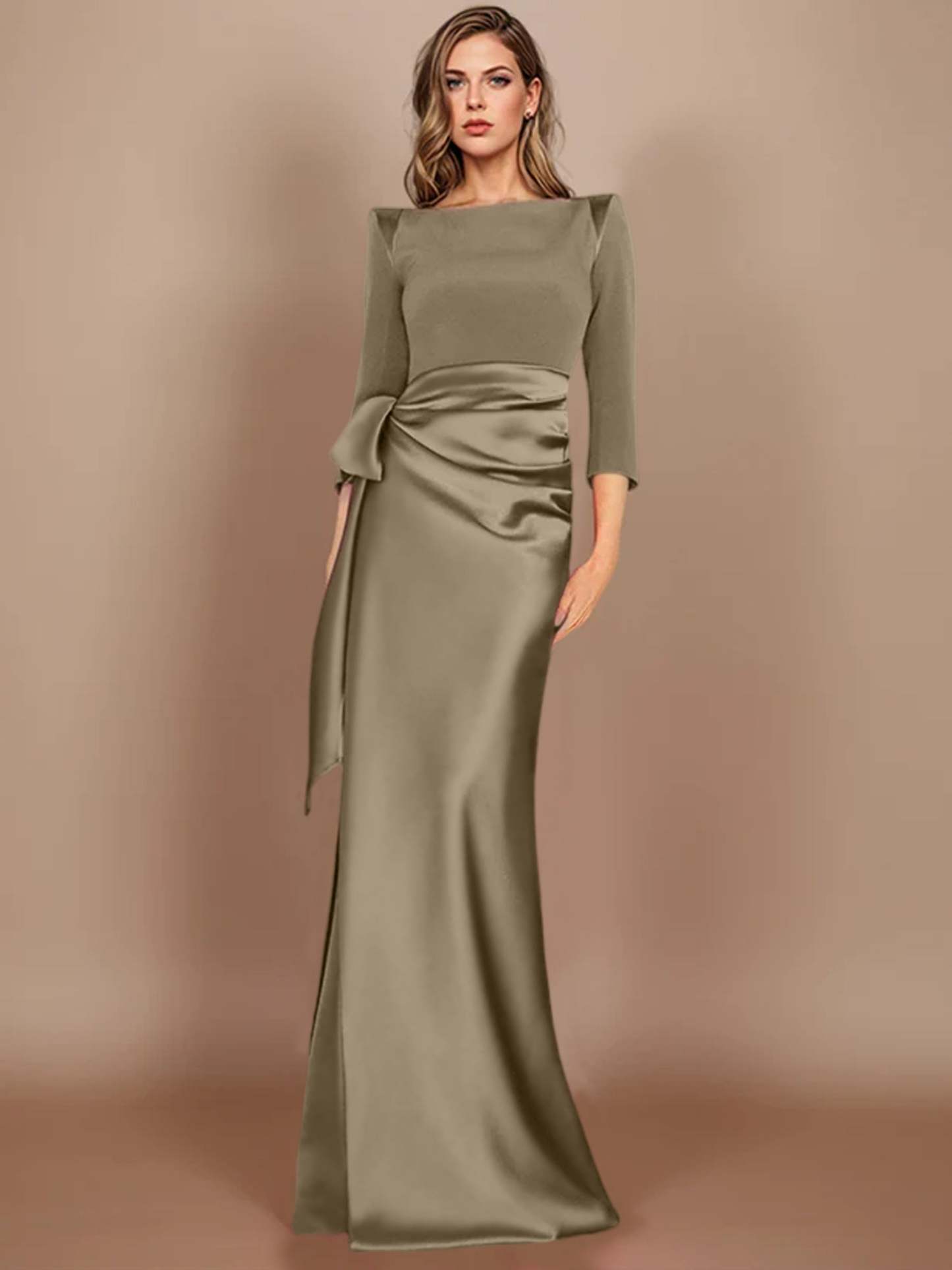 Floor-Length Mother of the Bride Dress with Bow and 3/4 Sleeves