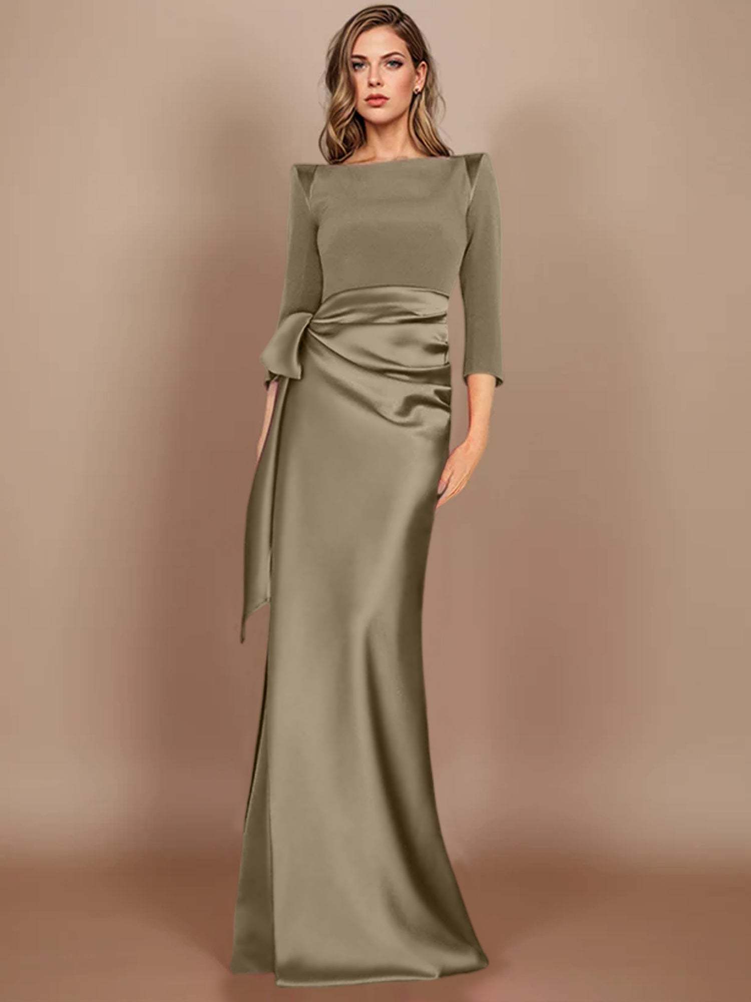 Floor-Length Mother of the Bride Dress with Bow and 3/4 Sleeves