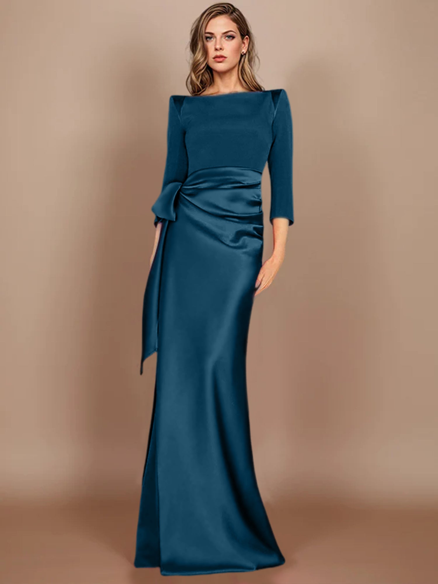Floor-Length Mother of the Bride Dress with Bow and 3/4 Sleeves