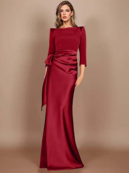 Floor-Length Mother of the Bride Dress with Bow and 3/4 Sleeves