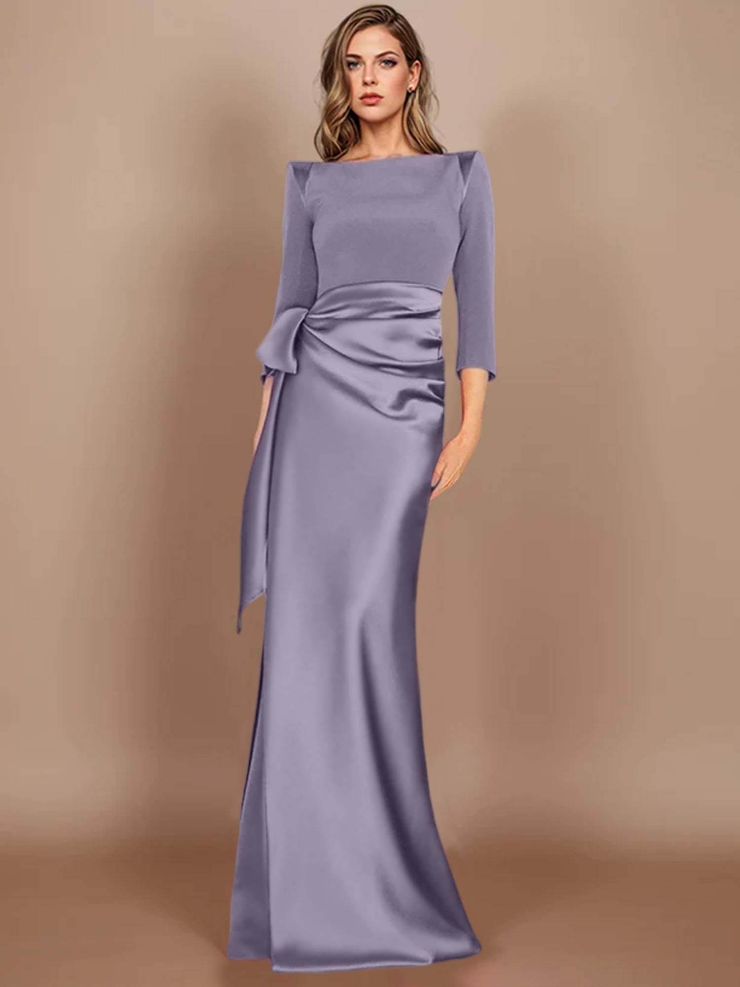 Floor-Length Mother of the Bride Dress with Bow and 3/4 Sleeves