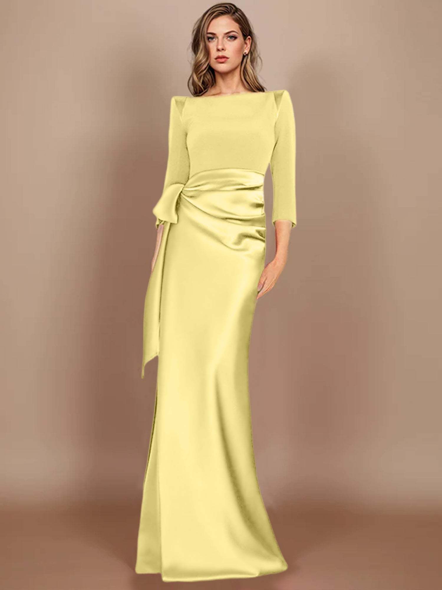 Floor-Length Mother of the Bride Dress with Bow and 3/4 Sleeves