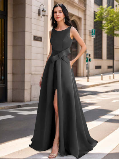 Mother of the Bride Scoop Neck A-Line/Princess Dress with High Split and Bow