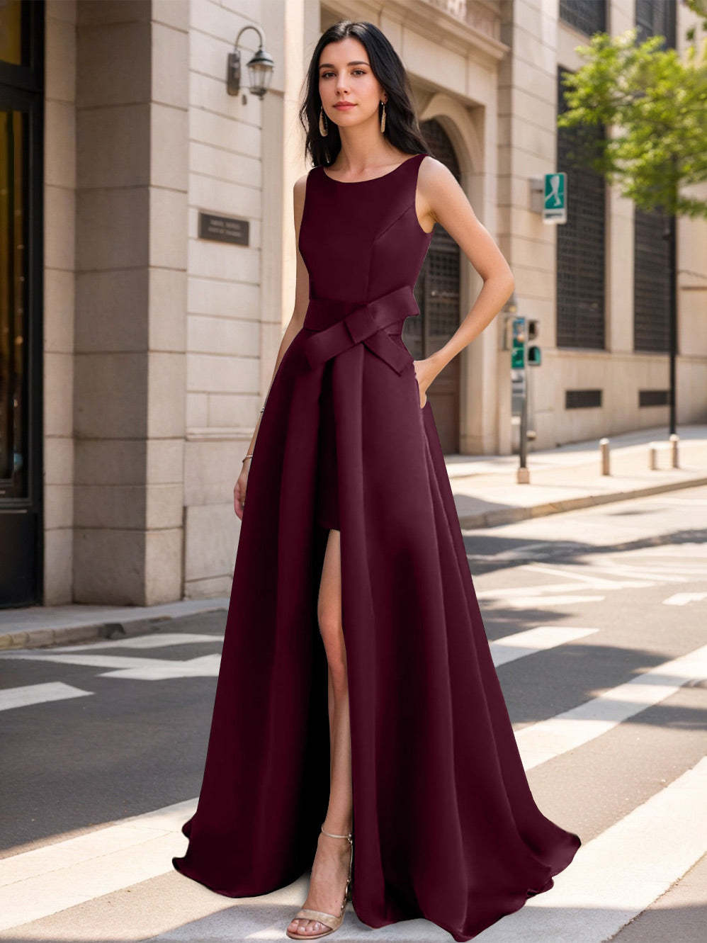 Mother of the Bride Scoop Neck A-Line/Princess Dress with High Split and Bow