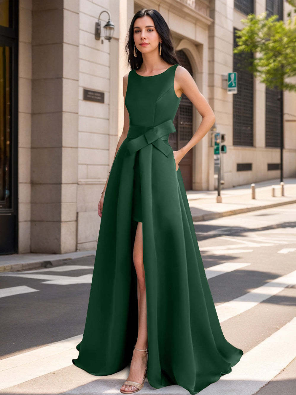 Mother of the Bride Scoop Neck A-Line/Princess Dress with High Split and Bow