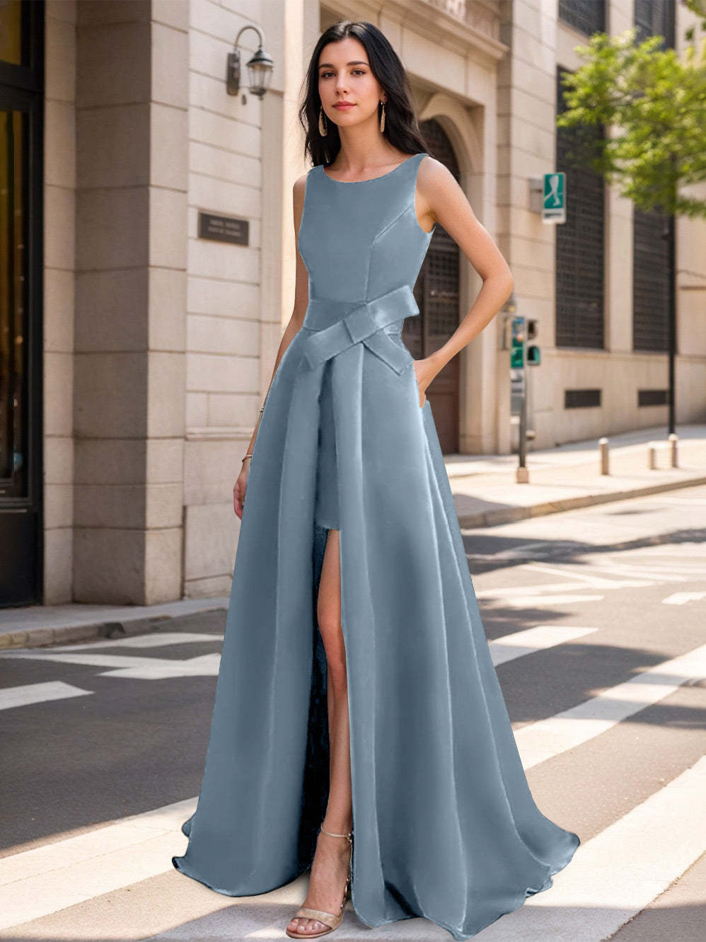 Mother of the Bride Scoop Neck A-Line/Princess Dress with High Split and Bow