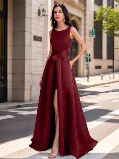 Mother of the Bride Scoop Neck A-Line/Princess Dress with High Split and Bow