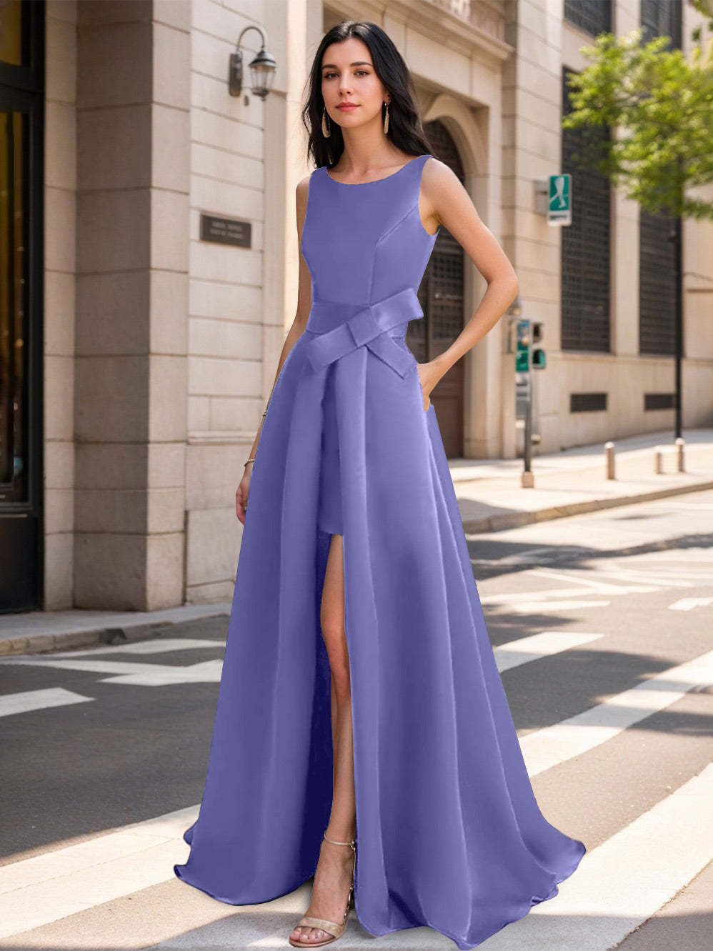 Mother of the Bride Scoop Neck A-Line/Princess Dress with High Split and Bow