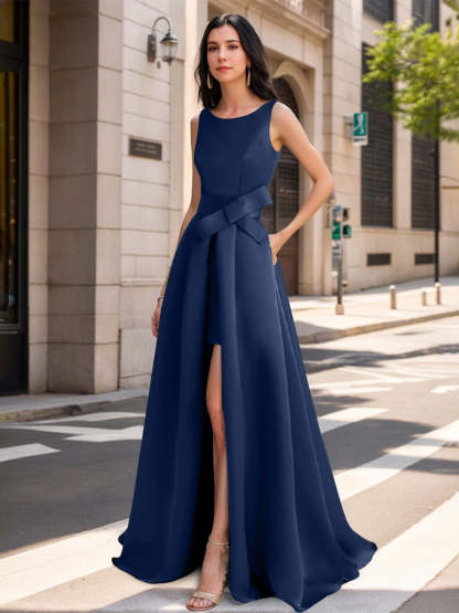 Mother of the Bride Scoop Neck A-Line/Princess Dress with High Split and Bow