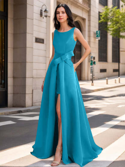 Mother of the Bride Scoop Neck A-Line/Princess Dress with High Split and Bow