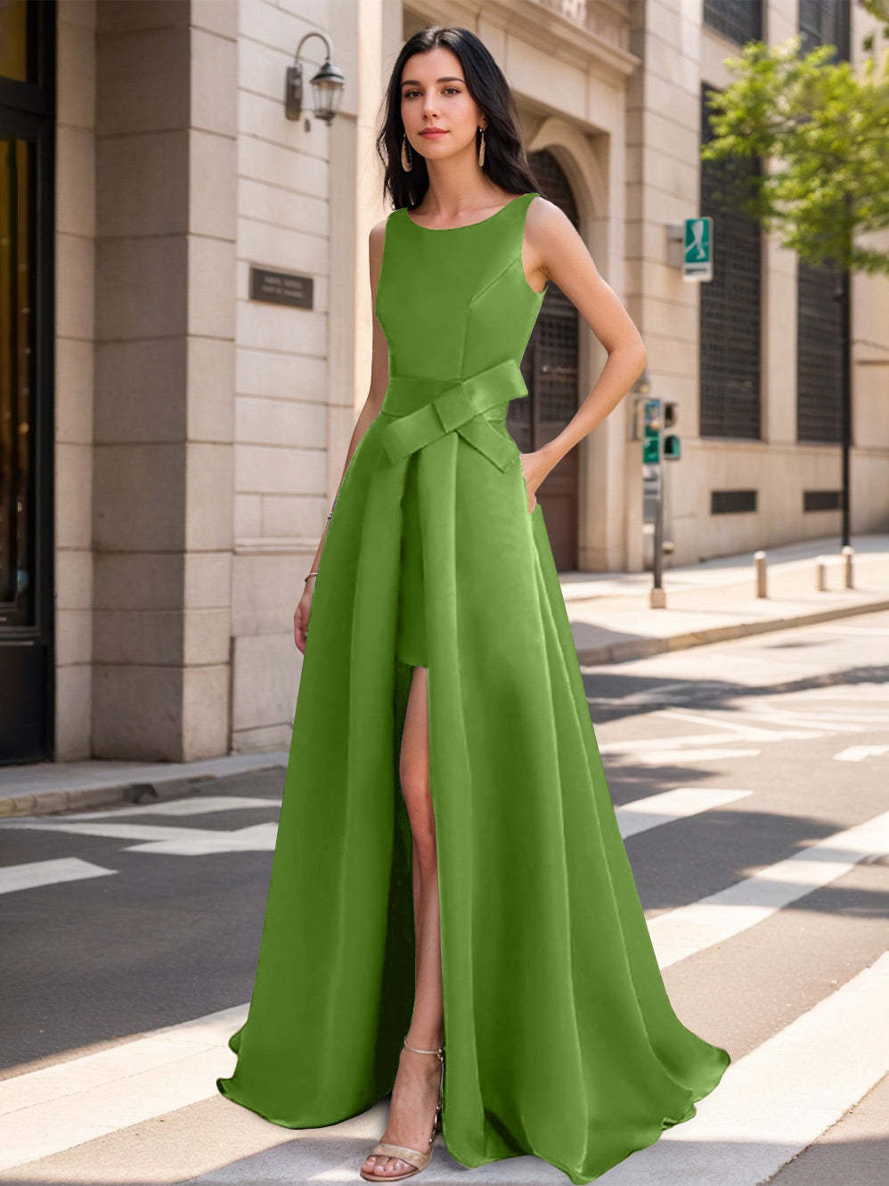 Mother of the Bride Scoop Neck A-Line/Princess Dress with High Split and Bow