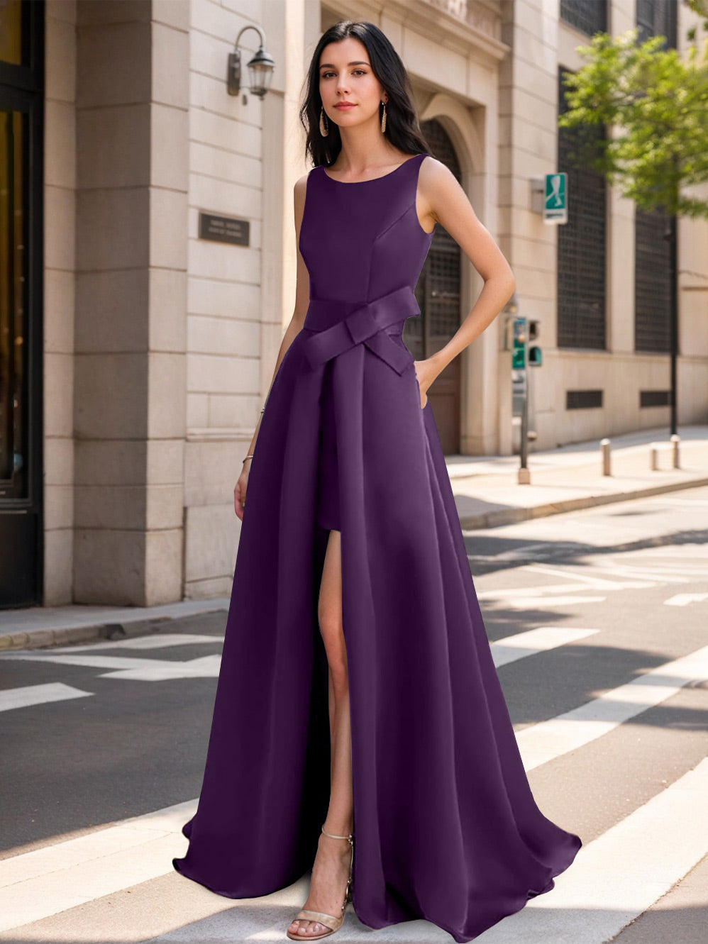 Mother of the Bride Scoop Neck A-Line/Princess Dress with High Split and Bow