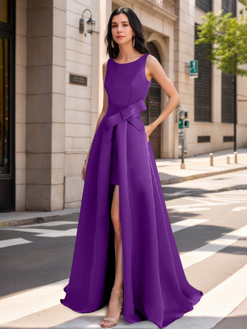 Mother of the Bride Scoop Neck A-Line/Princess Dress with High Split and Bow