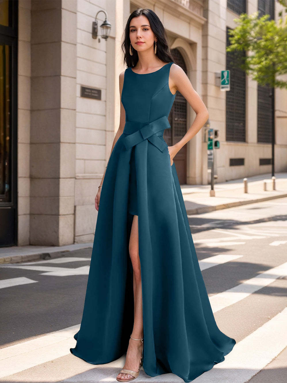 Mother of the Bride Scoop Neck A-Line/Princess Dress with High Split and Bow