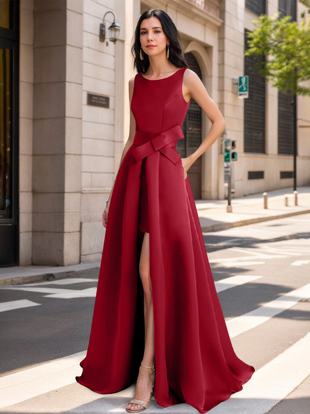 Mother of the Bride Scoop Neck A-Line/Princess Dress with High Split and Bow