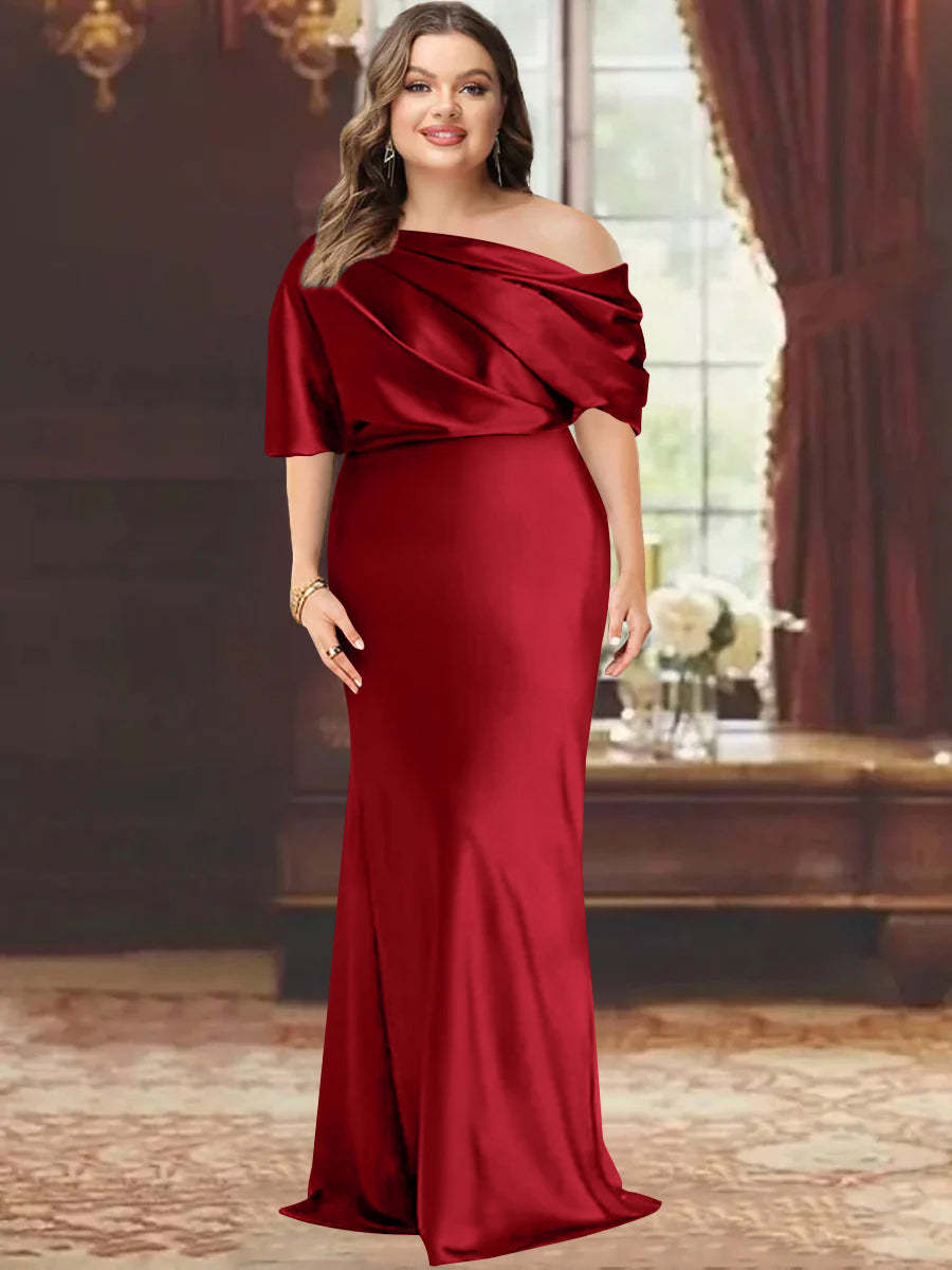 One-Shoulder Plus Size Floor-Length Sheath Mother of the Bride Dress with Ruffles