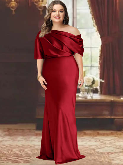 One-Shoulder Plus Size Floor-Length Sheath Mother of the Bride Dress with Ruffles