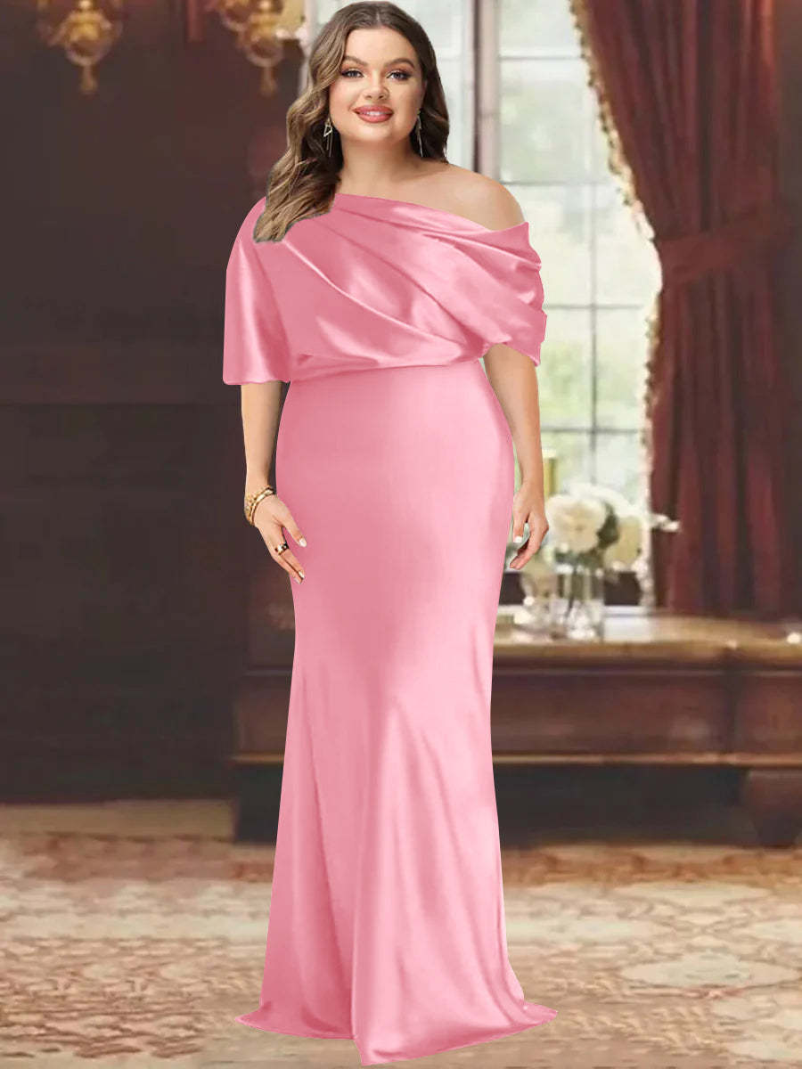 One-Shoulder Plus Size Floor-Length Sheath Mother of the Bride Dress with Ruffles