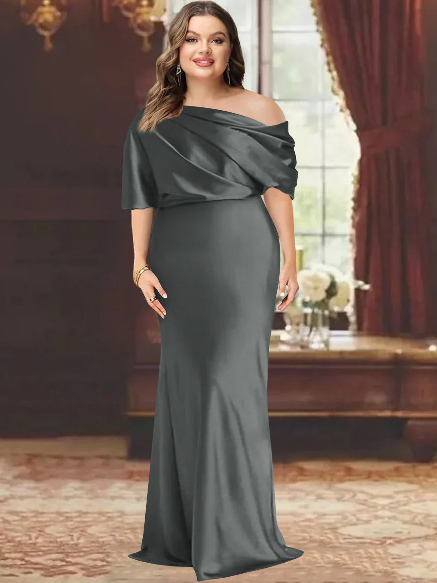 One-Shoulder Plus Size Floor-Length Sheath Mother of the Bride Dress with Ruffles
