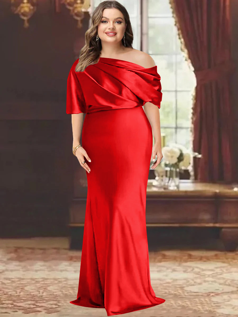 One-Shoulder Plus Size Floor-Length Sheath Mother of the Bride Dress with Ruffles