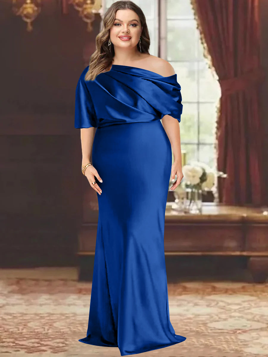 One-Shoulder Plus Size Floor-Length Sheath Mother of the Bride Dress with Ruffles
