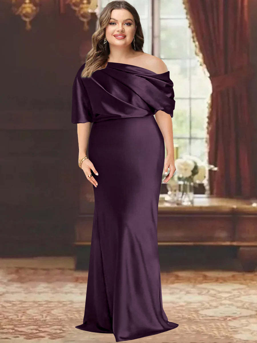 One-Shoulder Plus Size Floor-Length Sheath Mother of the Bride Dress with Ruffles