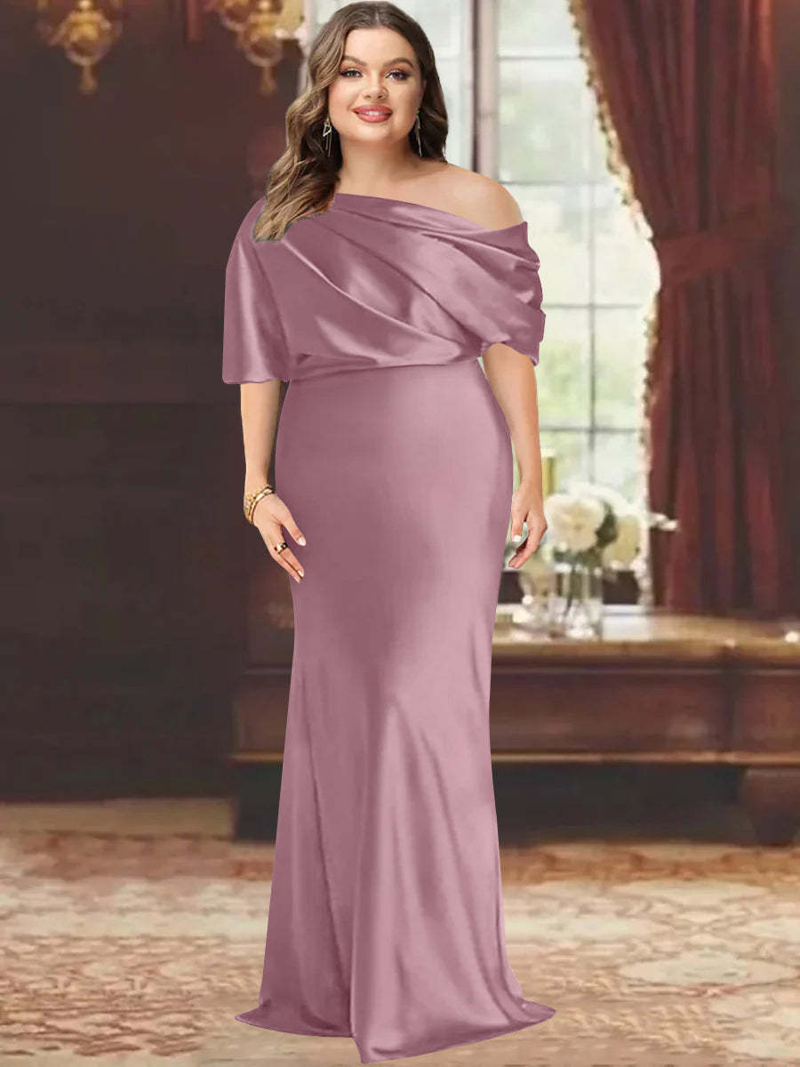 One-Shoulder Plus Size Floor-Length Sheath Mother of the Bride Dress with Ruffles