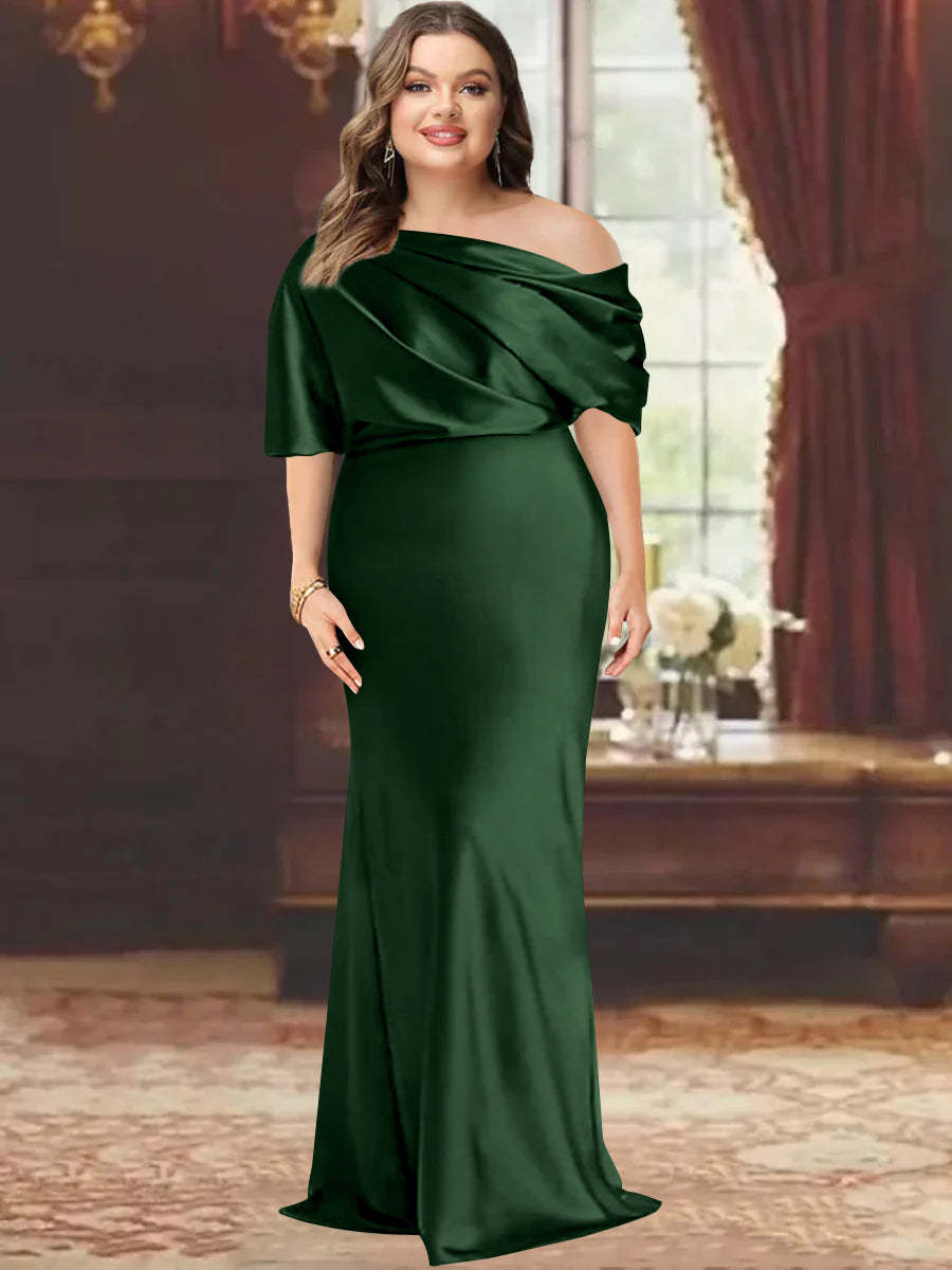 One-Shoulder Plus Size Floor-Length Sheath Mother of the Bride Dress with Ruffles