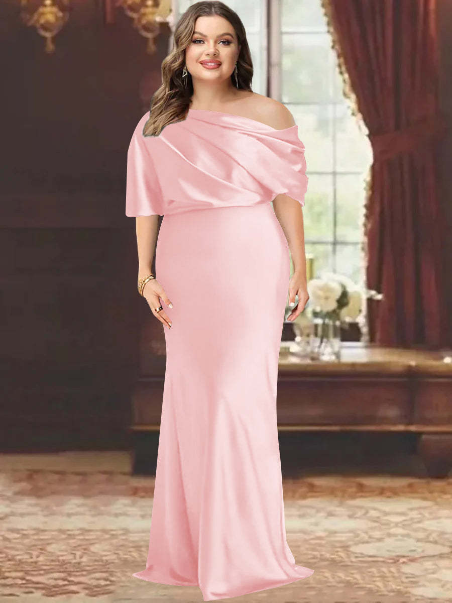 One-Shoulder Plus Size Floor-Length Sheath Mother of the Bride Dress with Ruffles