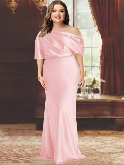 One-Shoulder Plus Size Floor-Length Sheath Mother of the Bride Dress with Ruffles