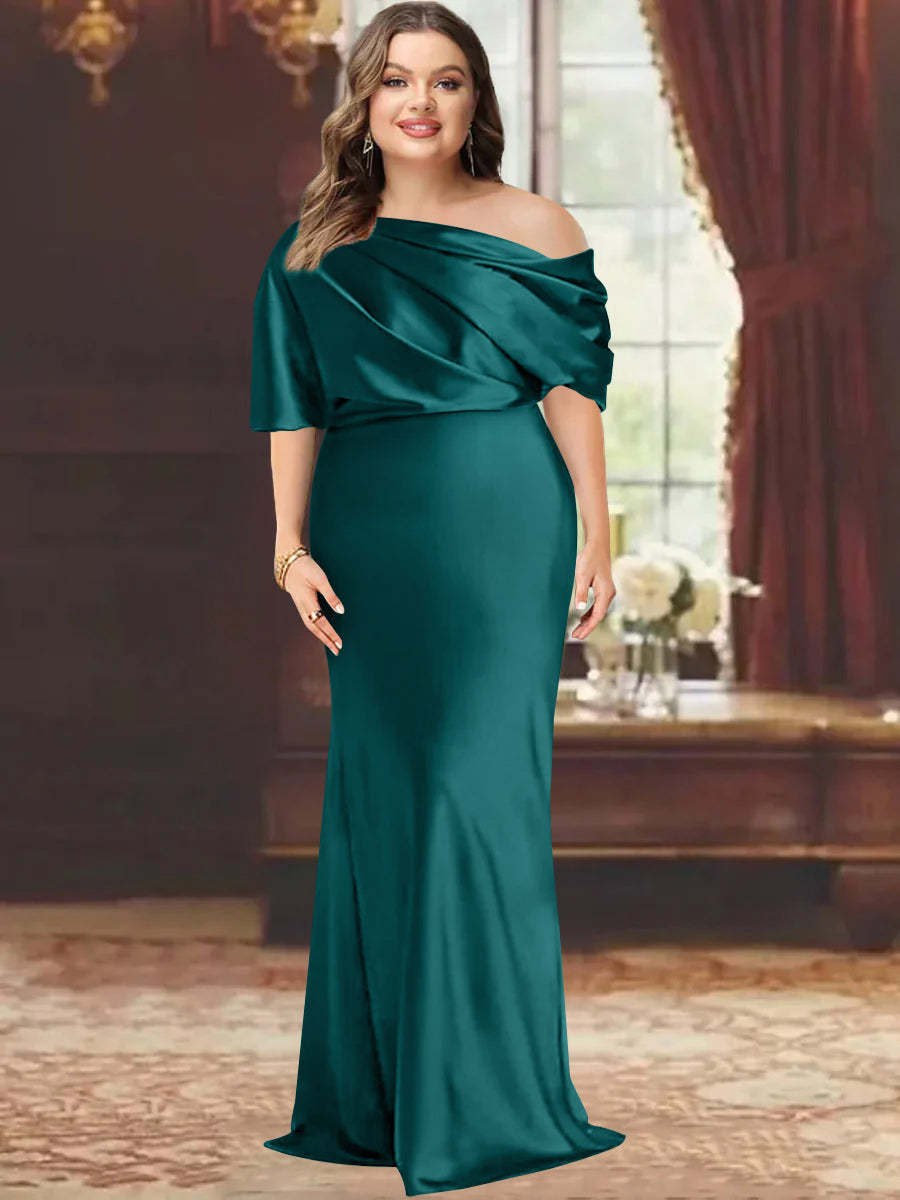 One-Shoulder Plus Size Floor-Length Sheath Mother of the Bride Dress with Ruffles