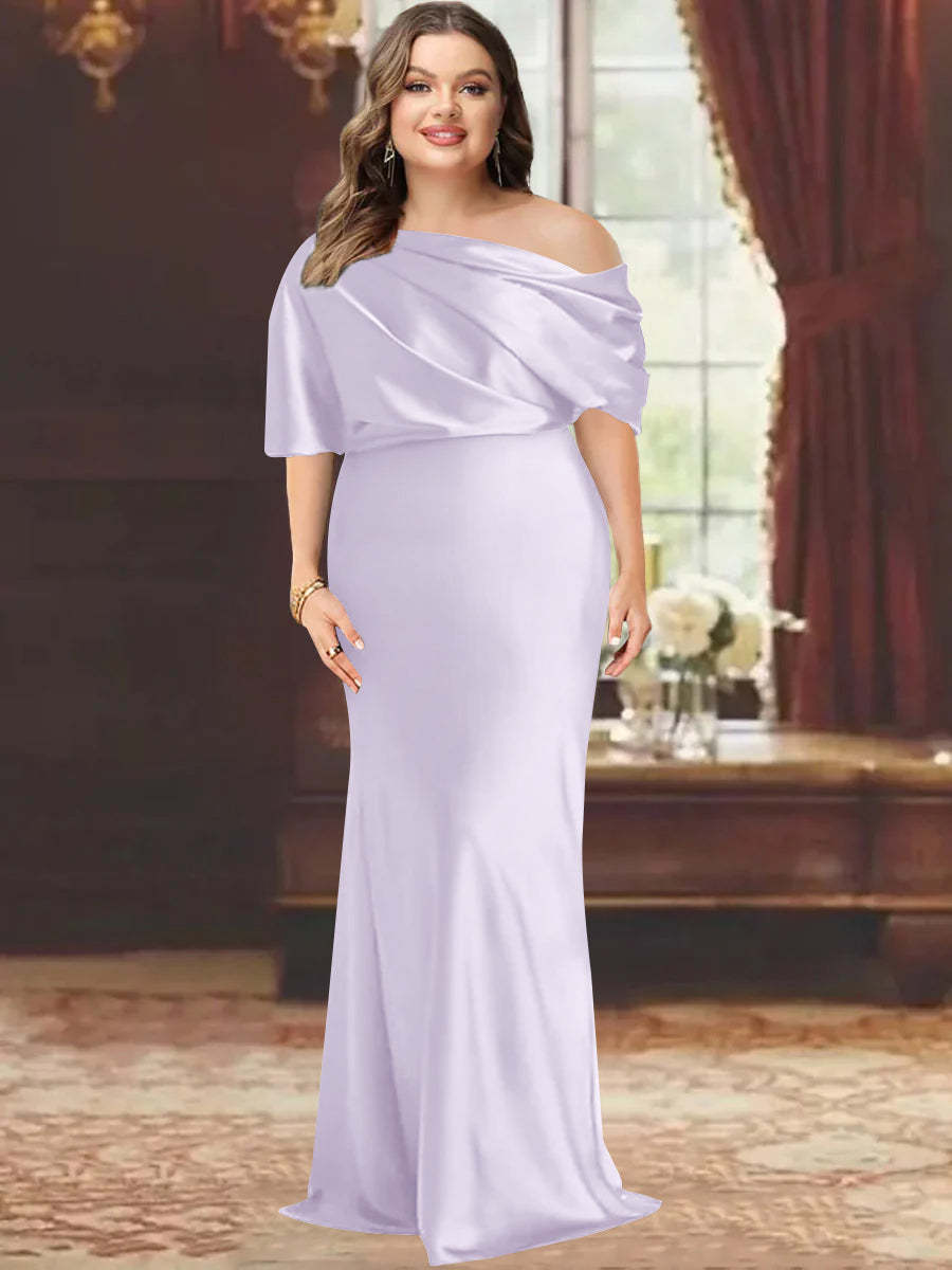 One-Shoulder Plus Size Floor-Length Sheath Mother of the Bride Dress with Ruffles