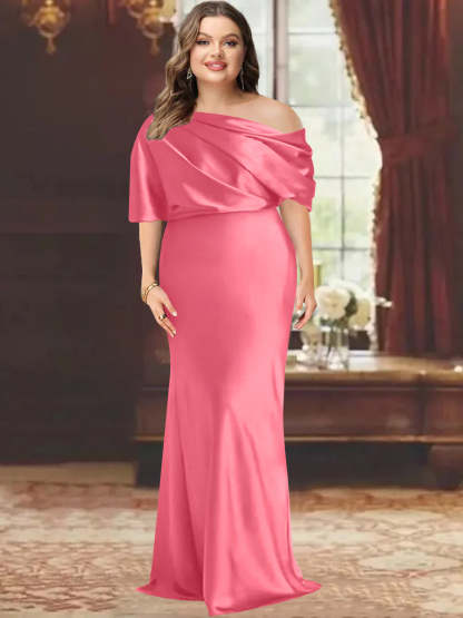 One-Shoulder Plus Size Floor-Length Sheath Mother of the Bride Dress with Ruffles
