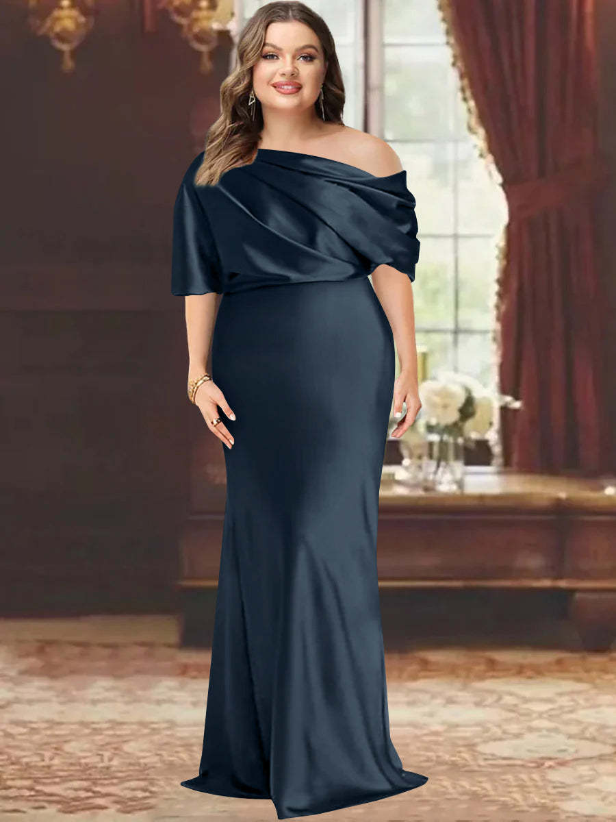 One-Shoulder Plus Size Floor-Length Sheath Mother of the Bride Dress with Ruffles