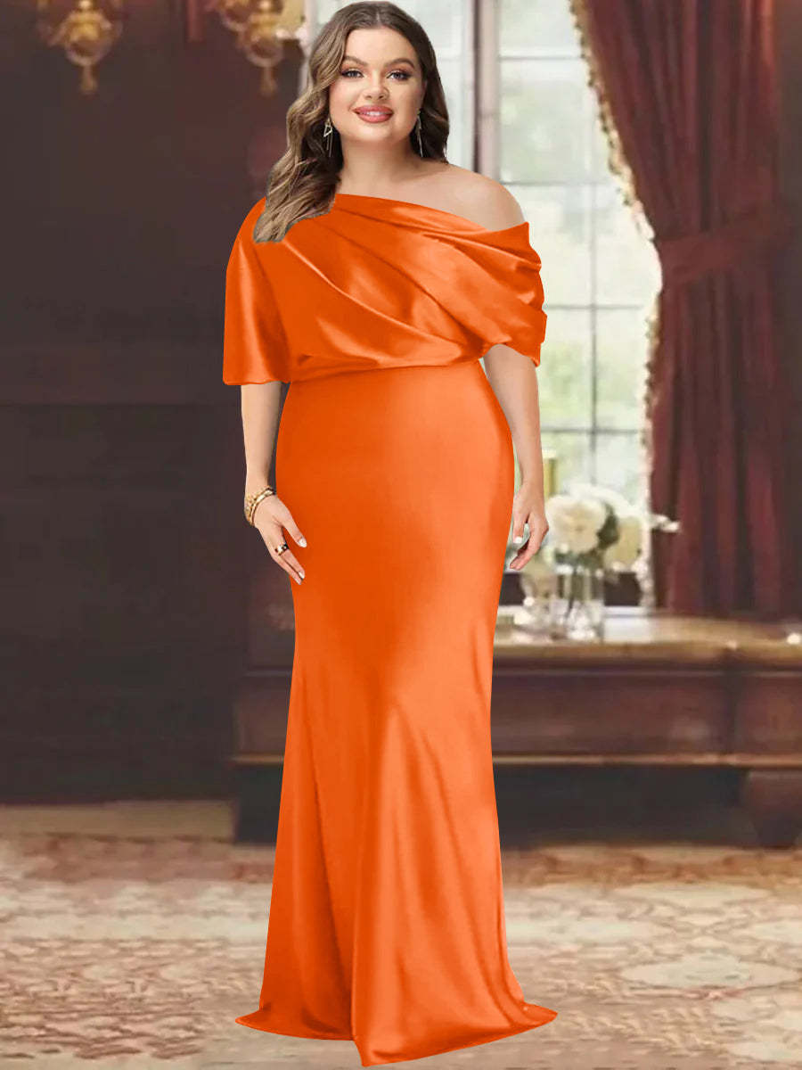 One-Shoulder Plus Size Floor-Length Sheath Mother of the Bride Dress with Ruffles