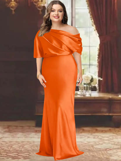 One-Shoulder Plus Size Floor-Length Sheath Mother of the Bride Dress with Ruffles