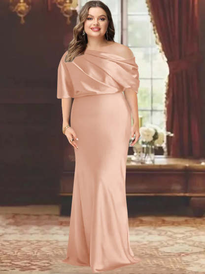 One-Shoulder Plus Size Floor-Length Sheath Mother of the Bride Dress with Ruffles