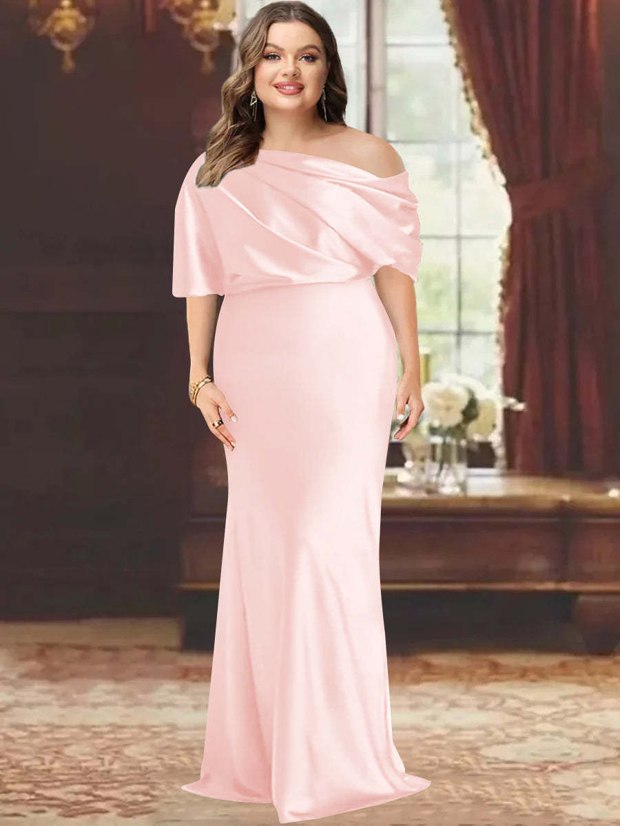 One-Shoulder Plus Size Floor-Length Sheath Mother of the Bride Dress with Ruffles
