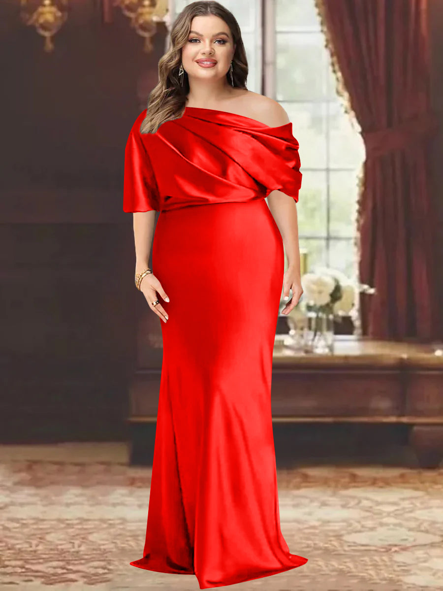One-Shoulder Plus Size Floor-Length Sheath Mother of the Bride Dress with Ruffles