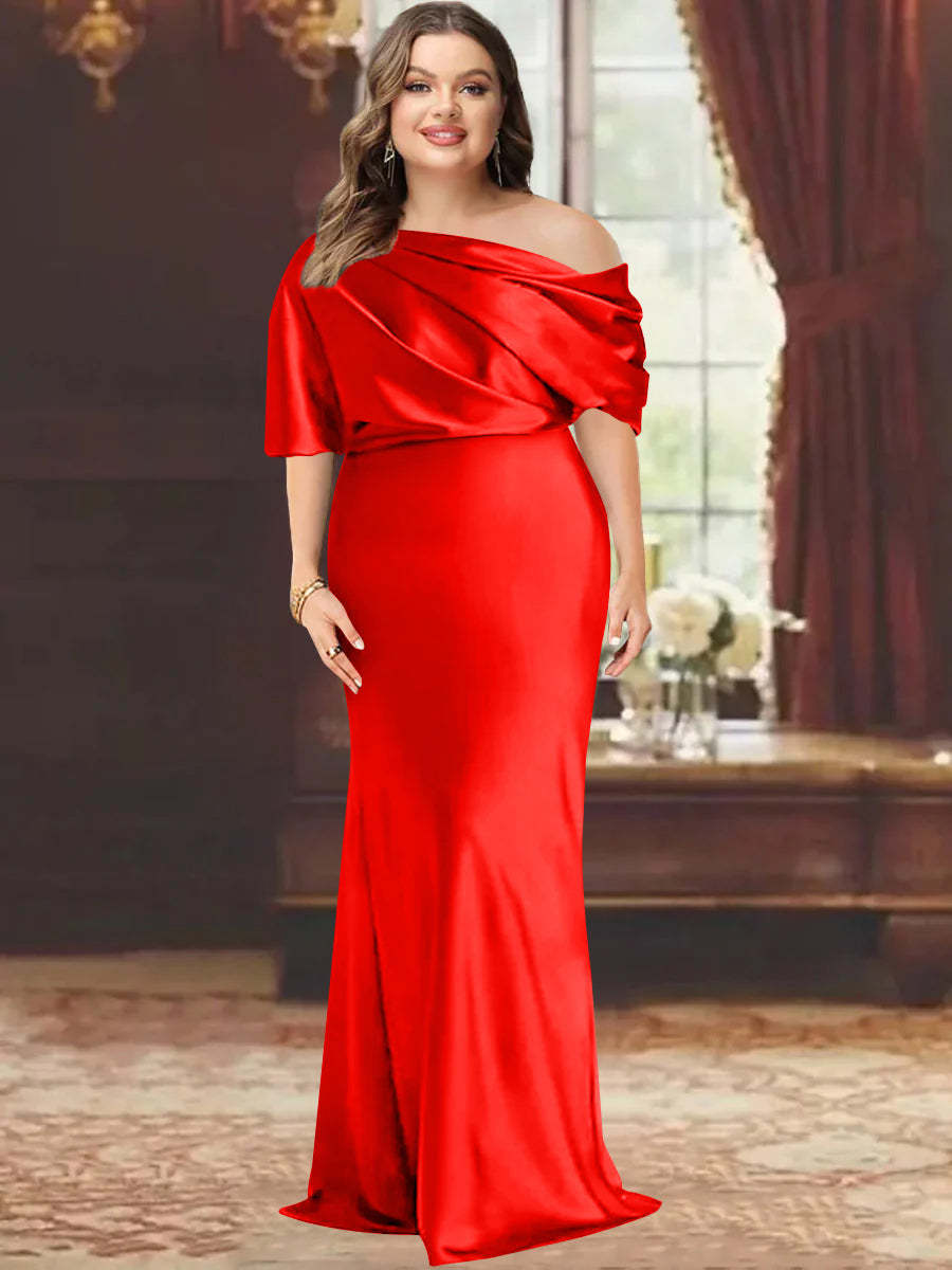 One-Shoulder Plus Size Floor-Length Sheath Mother of the Bride Dress with Ruffles