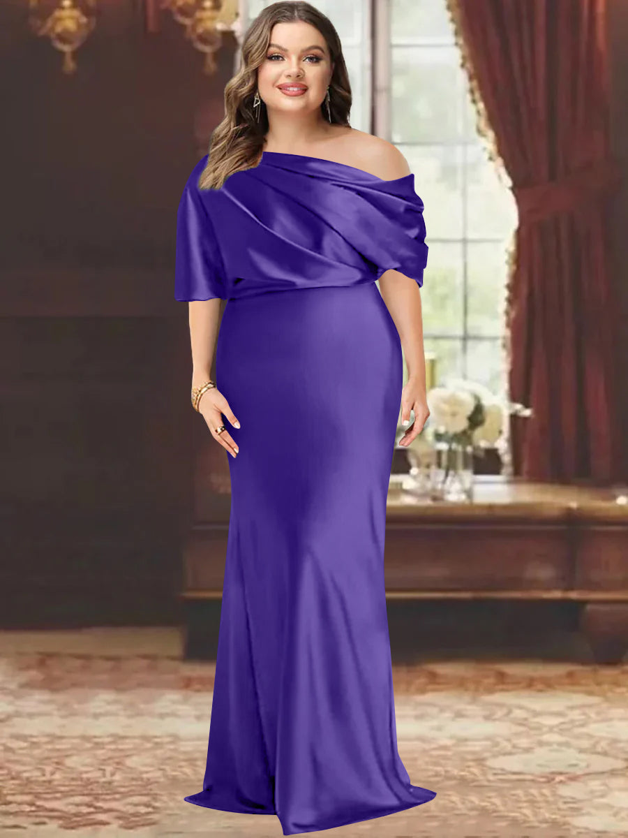 One-Shoulder Plus Size Floor-Length Sheath Mother of the Bride Dress with Ruffles