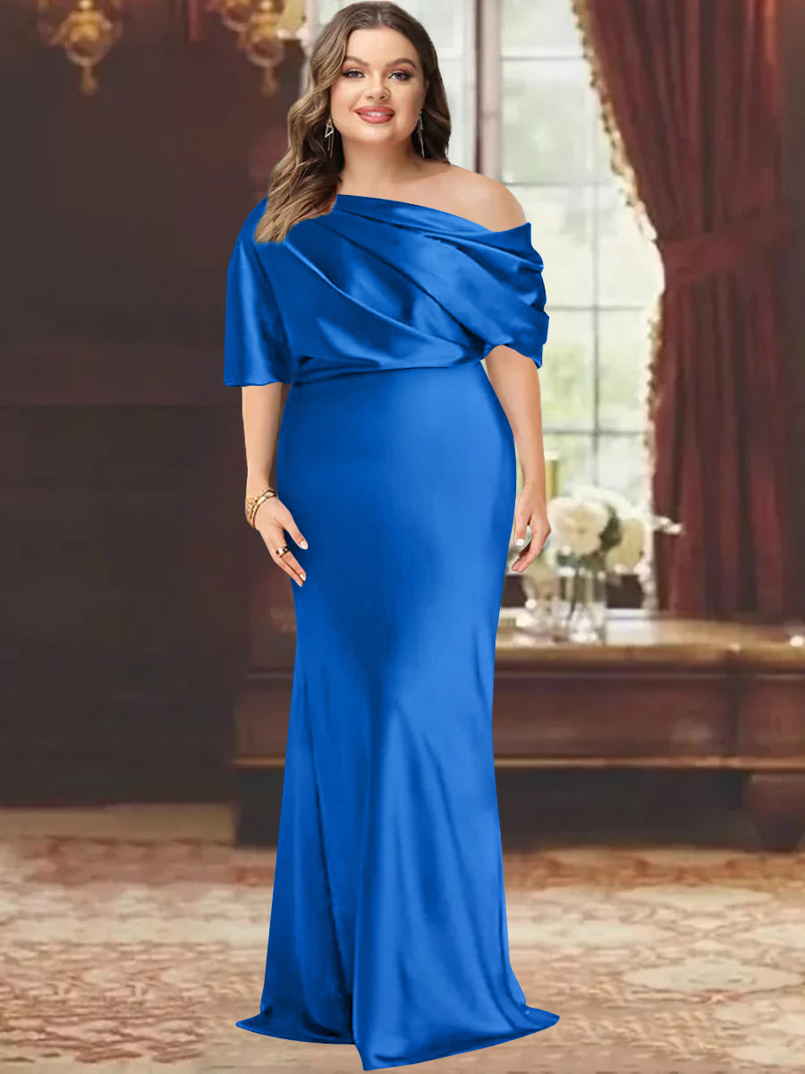 One-Shoulder Plus Size Floor-Length Sheath Mother of the Bride Dress with Ruffles