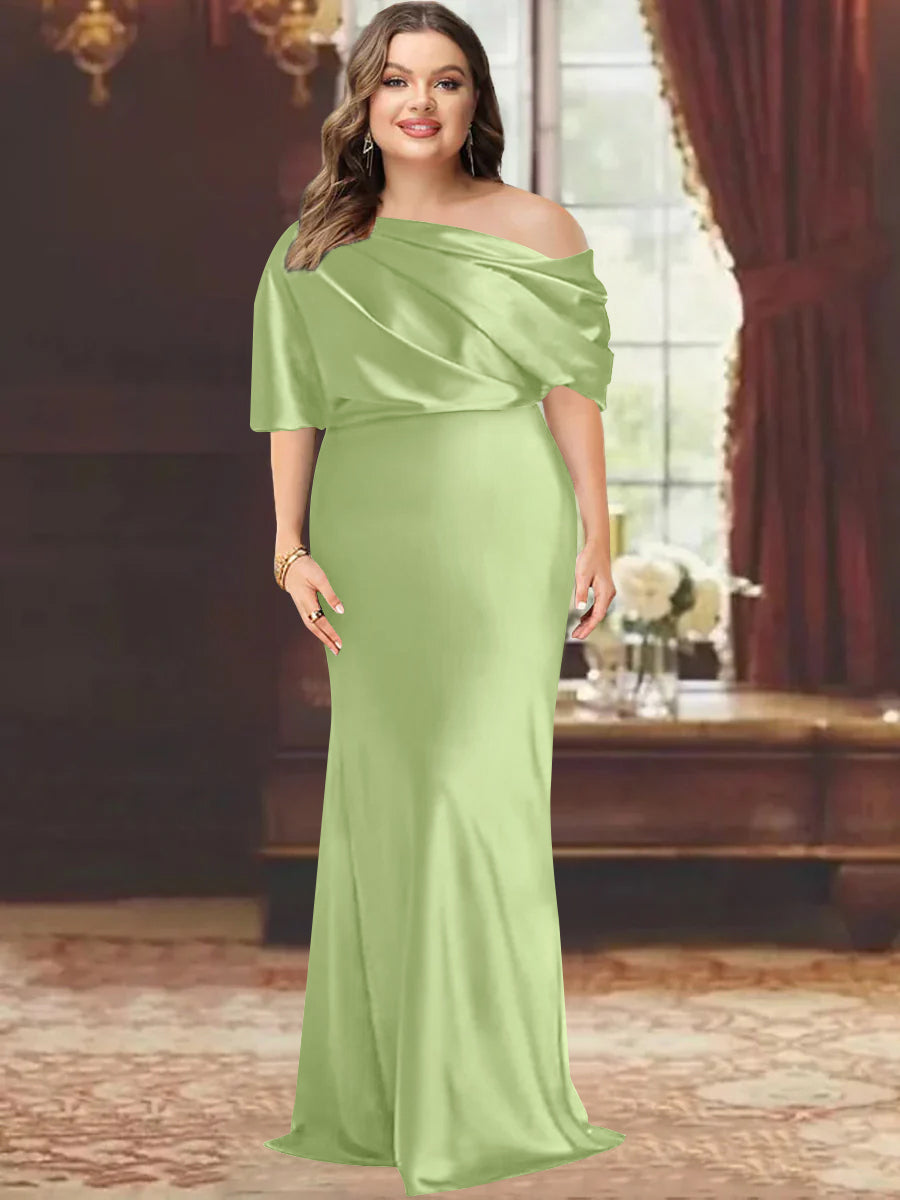 One-Shoulder Plus Size Floor-Length Sheath Mother of the Bride Dress with Ruffles