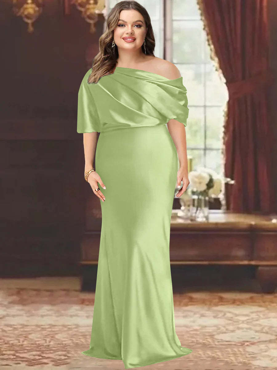 One-Shoulder Plus Size Floor-Length Sheath Mother of the Bride Dress with Ruffles