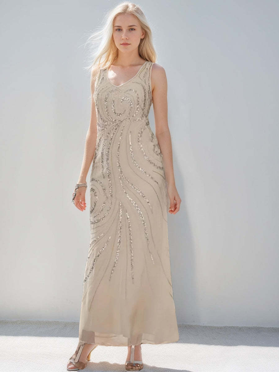 V-Neck Ankle-Length Sheath/Column Mother of the Bride Dresses with Sequins & Jacket