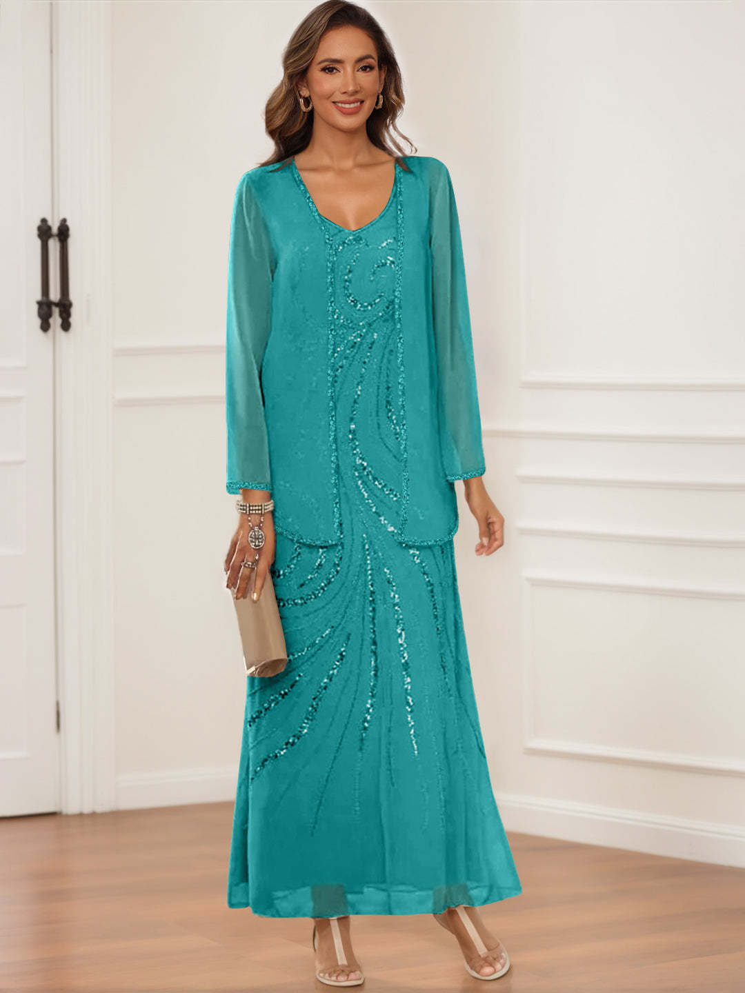 V-Neck Ankle-Length Sheath/Column Dress with Jacket & Sequins for Mothers of the Bride & Groom