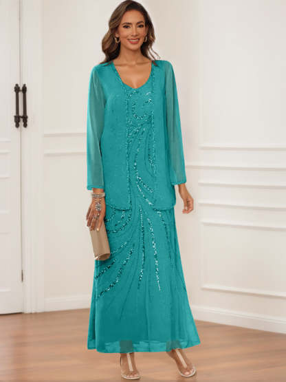 V-Neck Ankle-Length Sheath/Column Dress with Jacket & Sequins for Mothers of the Bride & Groom