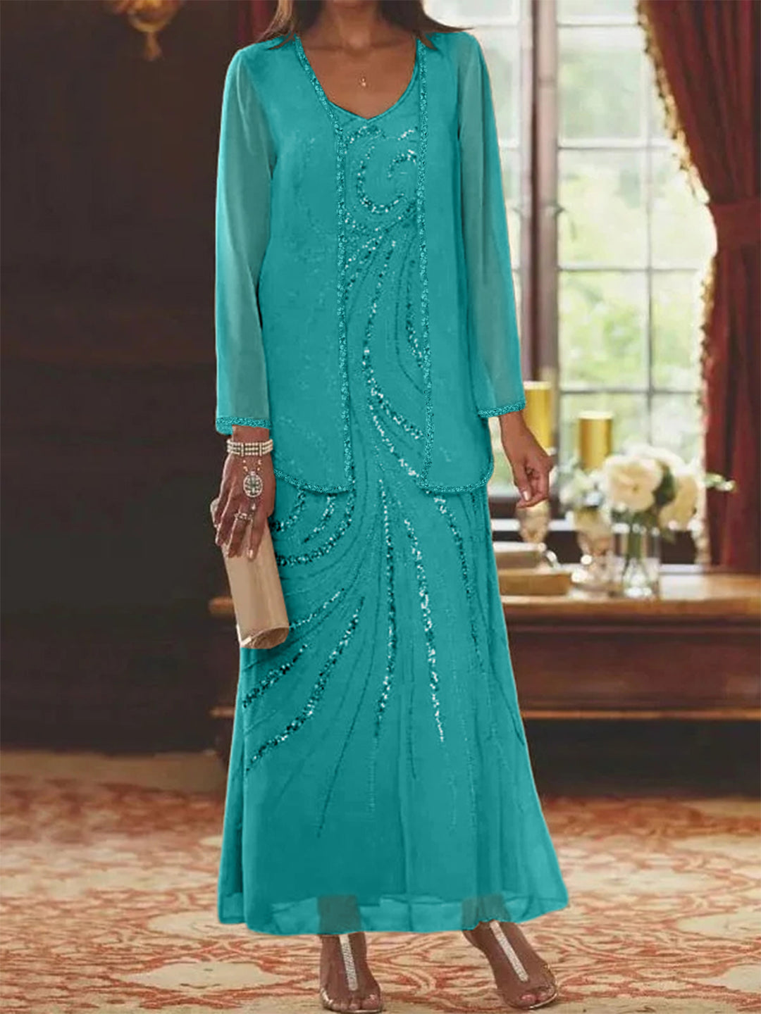 V-Neck Ankle-Length Sheath/Column Mother of the Bride Dresses with Sequins & Jacket